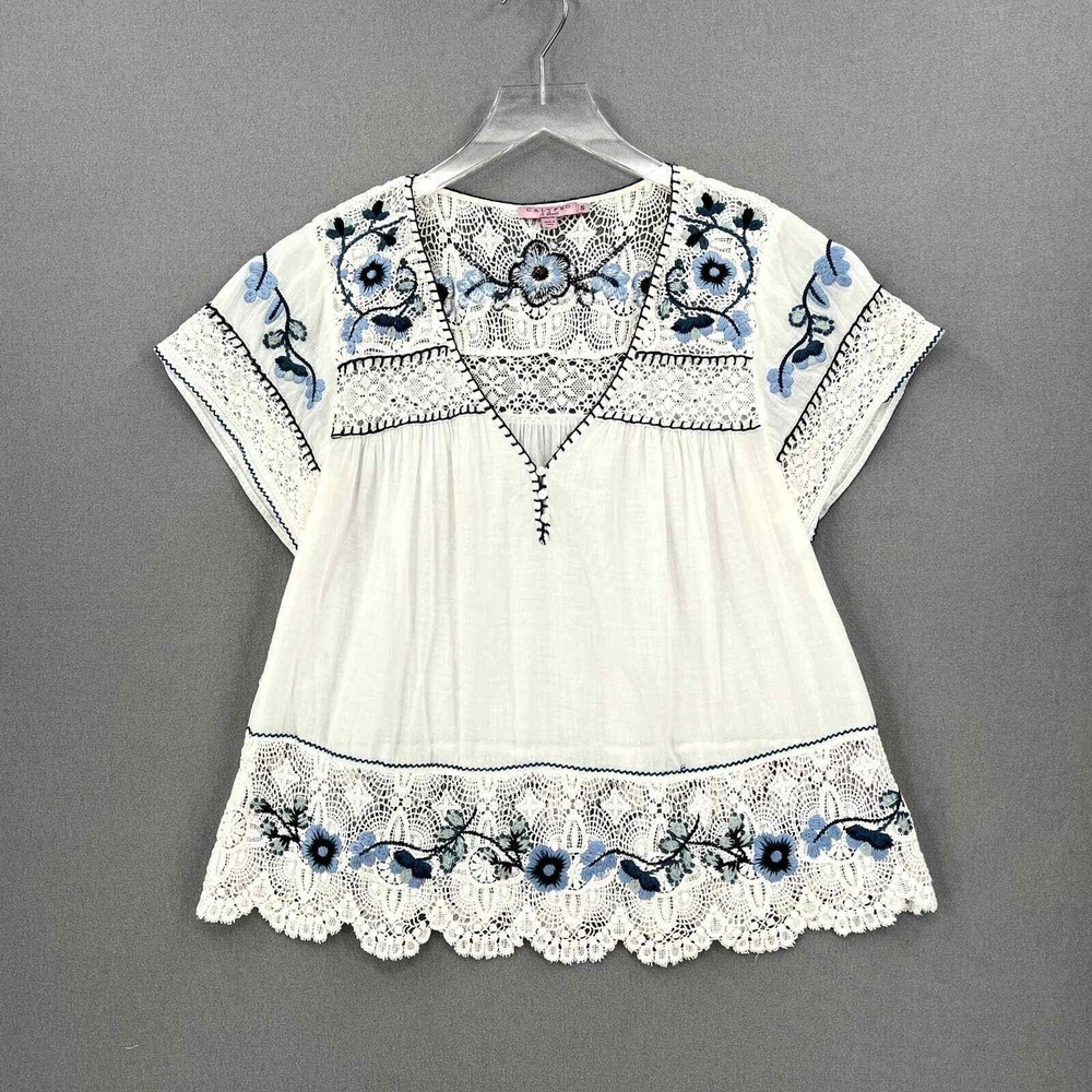 CALYPSO ST BARTH Crochet Embroider Top Women Small White Blue Boho Floral Retro - Picture 2 of 16